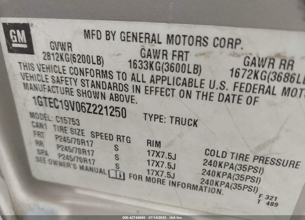 2006 GMC SIERRA 1500 SLE1 VIN: 1GTEC19V06Z221250