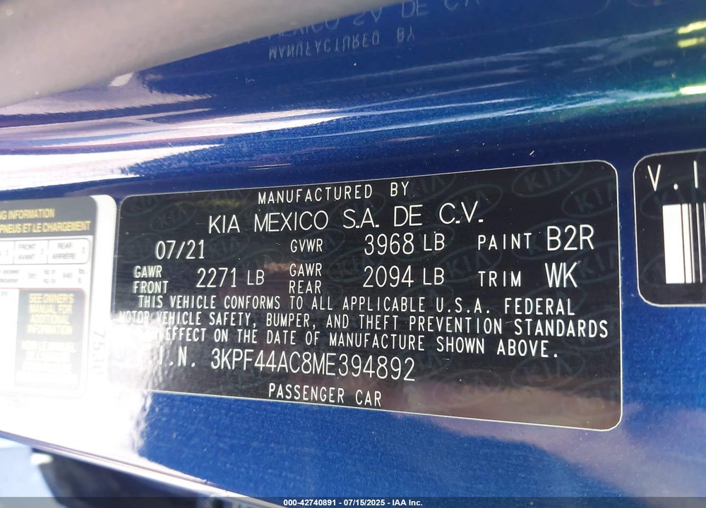 2021 KIA FORTE VIN: 3KPF44AC8ME394892