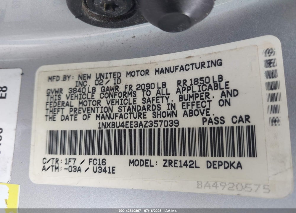 2010 TOYOTA COROLLA VIN: 1NXBU4EE3AZ357039