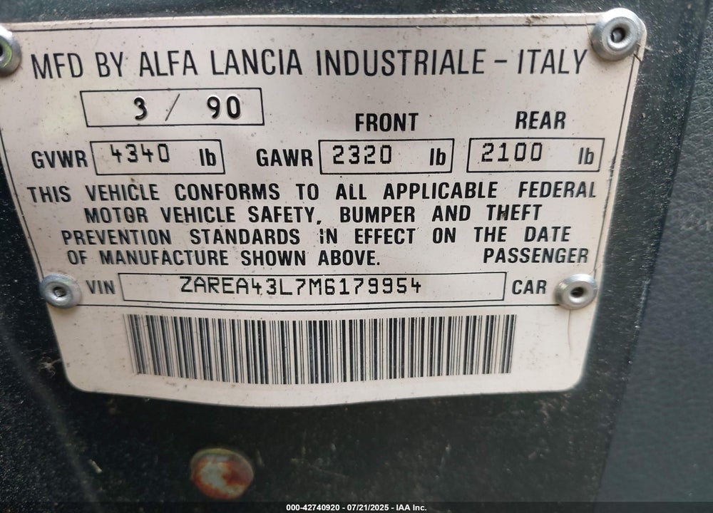 1991 ALFA ROMEO 164 L VIN: ZAREA43L7M6179954