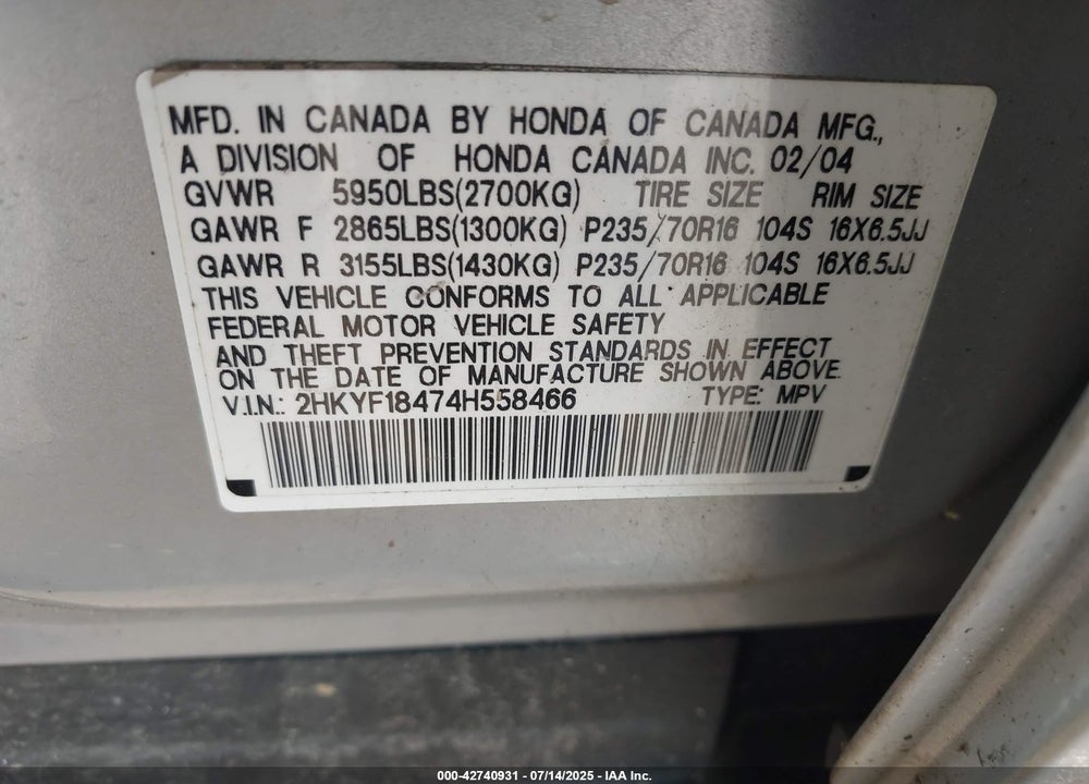 2004 HONDA PILOT EX VIN: 2HKYF18474H558466
