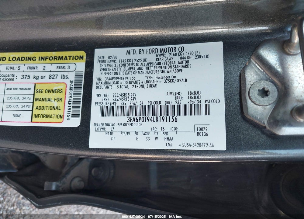 2020 FORD FUSION SE VIN: 3FA6P0T94LR191156