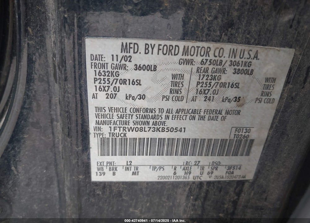2003 FORD F-150 LARIAT/XLT VIN: 1FTRW08L73KB50541