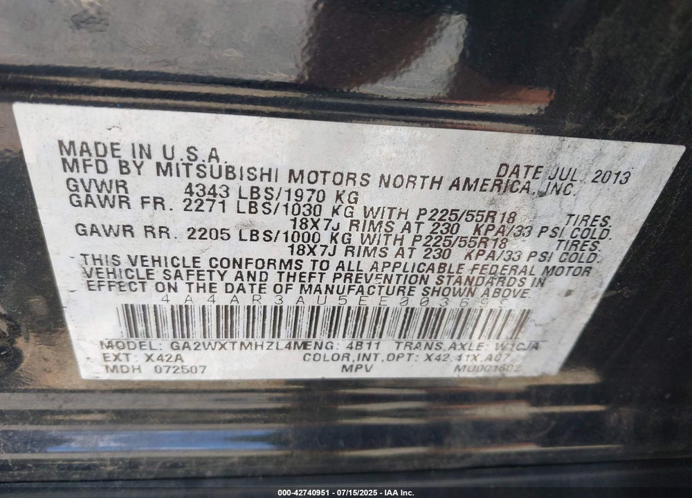 2014 MITSUBISHI OUTLANDER SPORT ES VIN: 4A4AR3AU5EE003699
