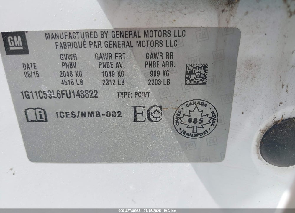 2015 CHEVROLET MALIBU VIN: 1G11C5SL6FU143822