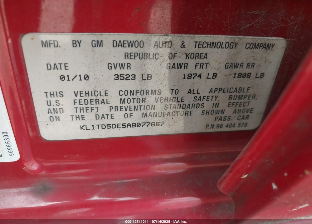 2010 CHEVROLET AVEO VIN: KL1TD5DE5AB077867