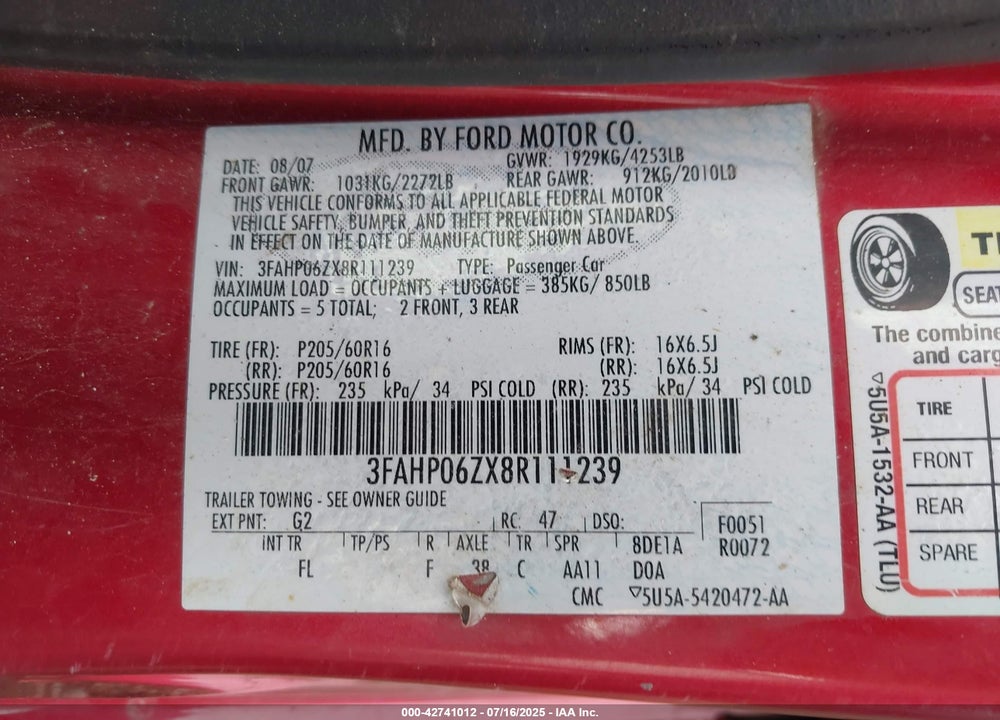 2008 FORD FUSION VIN: 3FAHP06ZX8R111239