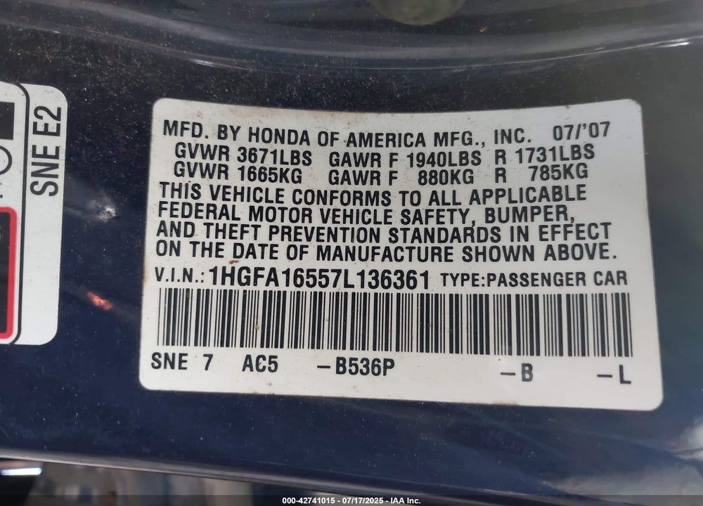 2007 HONDA CIVIC VIN: 1HGFA16557L136361