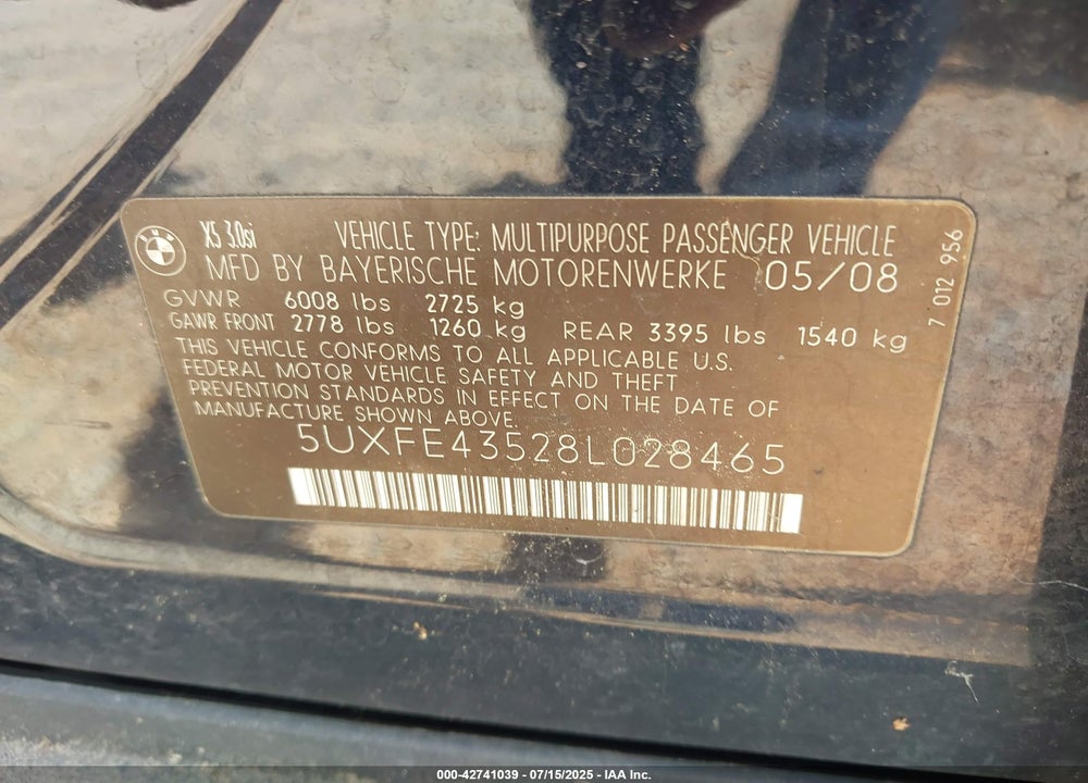 2008 BMW X5 3.0SI VIN: 5UXFE43528L028465