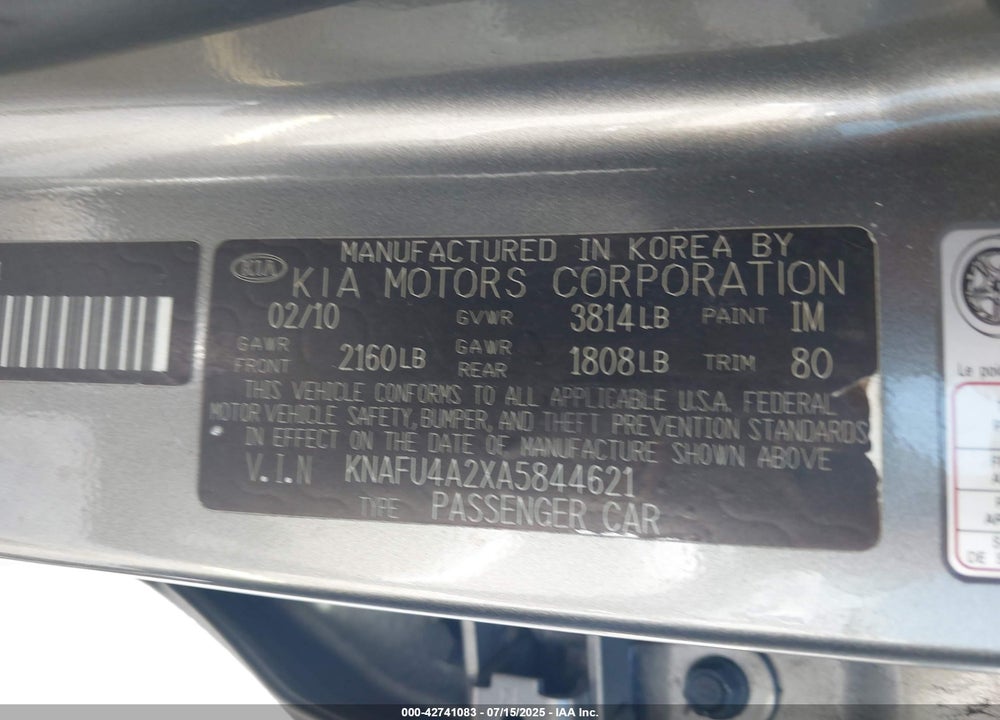 2010 KIA FORTE EX VIN: KNAFU4A2XA5844621