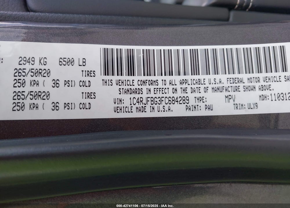2015 JEEP GRAND CHEROKEE VIN: 1C4RJFBG3FC684289
