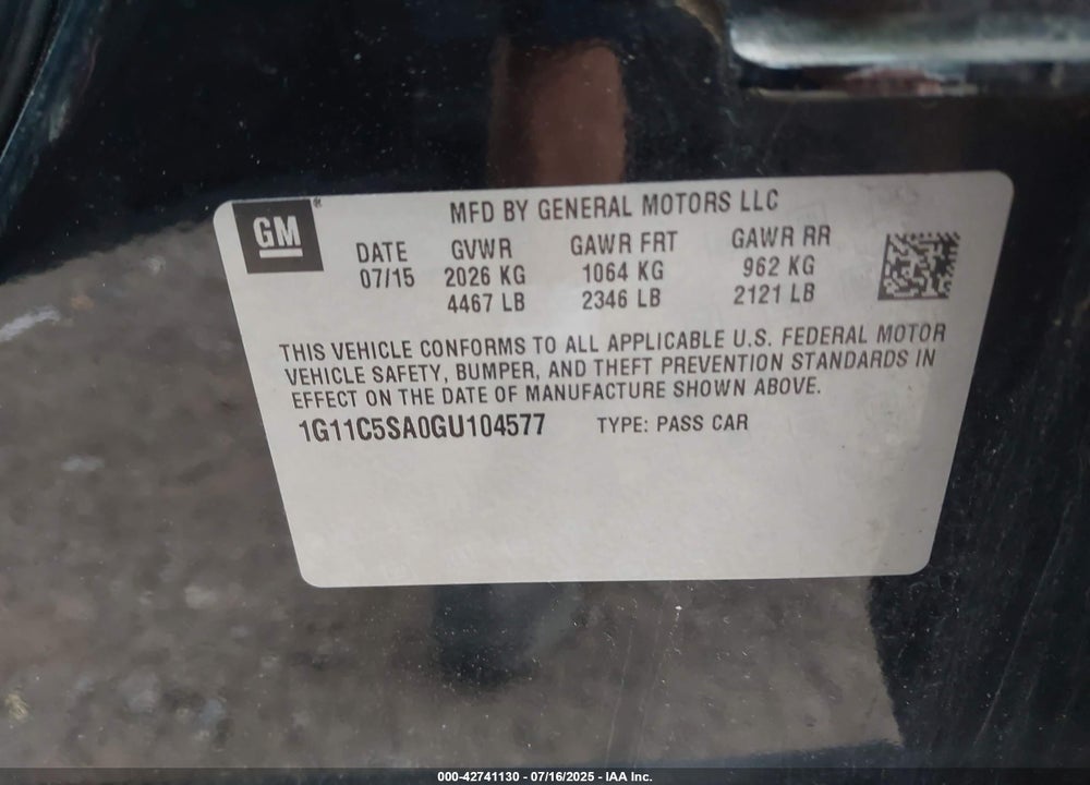 2016 CHEVROLET MALIBU LIMITED VIN: 1G11C5SA0GU104577