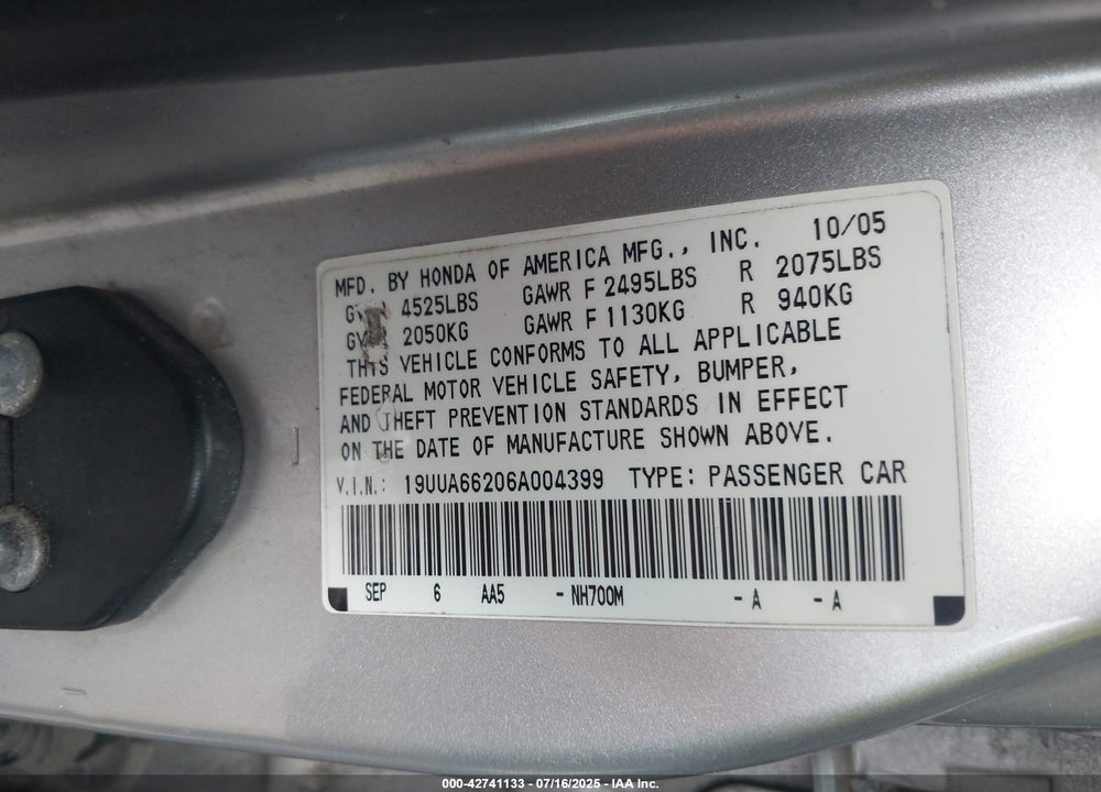 2006 ACURA TL VIN: 19UUA66206A004399