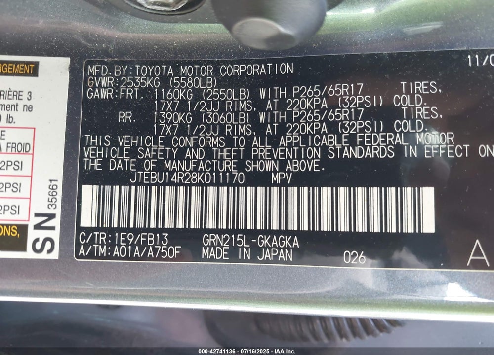 2008 TOYOTA 4RUNNER SPORT V6 VIN: JTEBU14R28K011170
