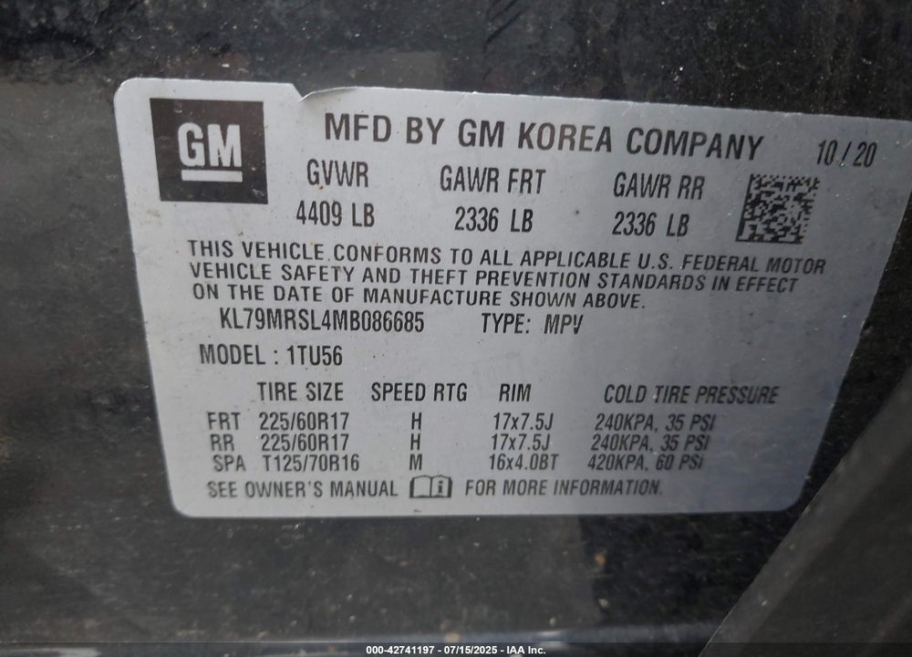 2021 CHEVROLET TRAILBLAZER VIN: KL79MRSL4MB086685
