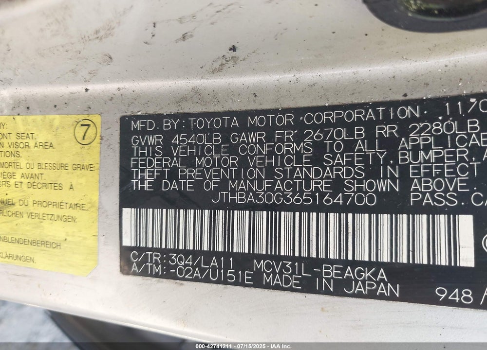 2006 LEXUS ES 330 VIN: JTHBA30G365164700