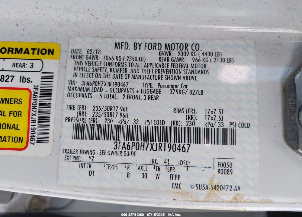 2018 FORD FUSION VIN: 3FA6P0H7XJR190467