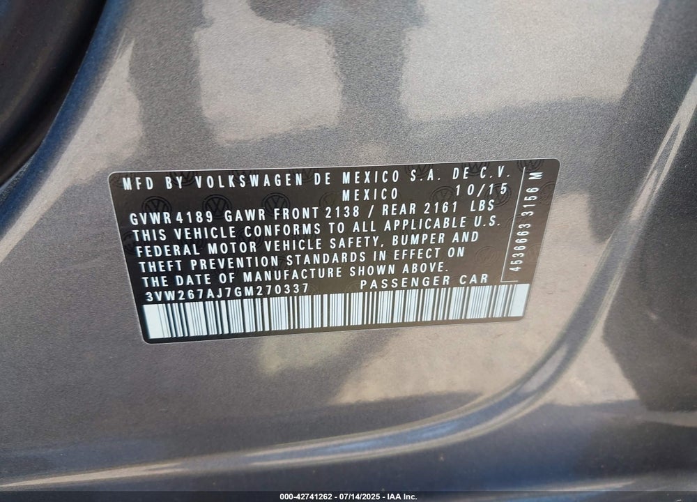 2016 VOLKSWAGEN JETTA VIN: 3VW267AJ7GM270337