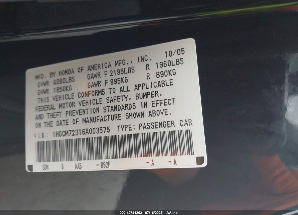2006 HONDA ACCORD VIN: 1HGCM72316A003575