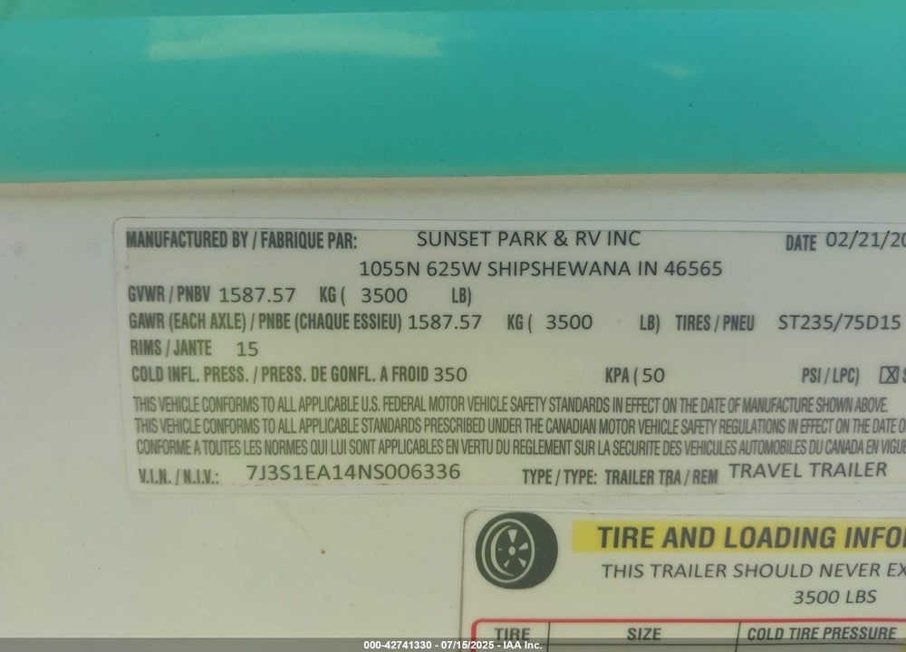 2022 SUNSET SUNRAY SPORT 109 TRAVEL TRAILER 12 FT VIN: 7J3S1EA14NS006336
