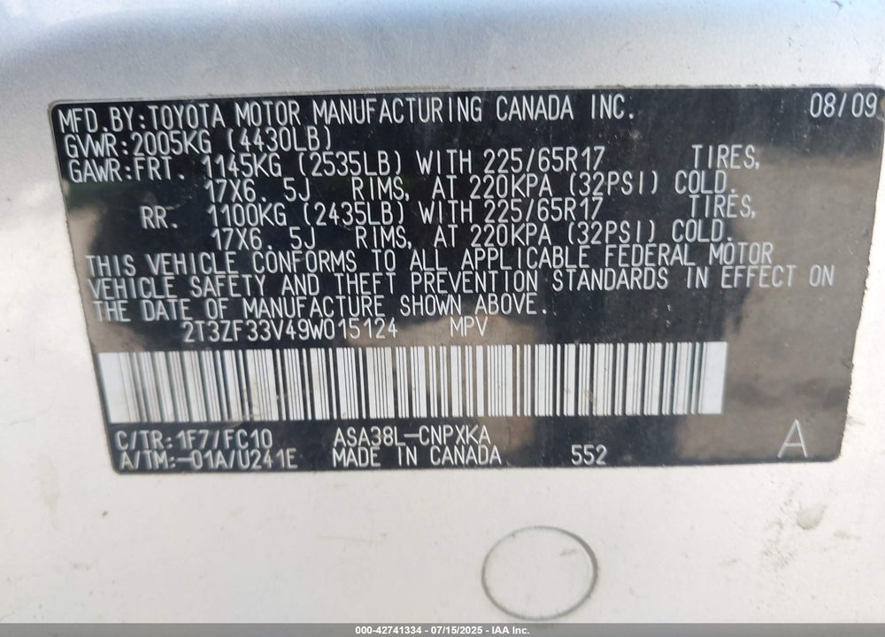 2009 TOYOTA RAV4 VIN: 2T3ZF33V49W015124