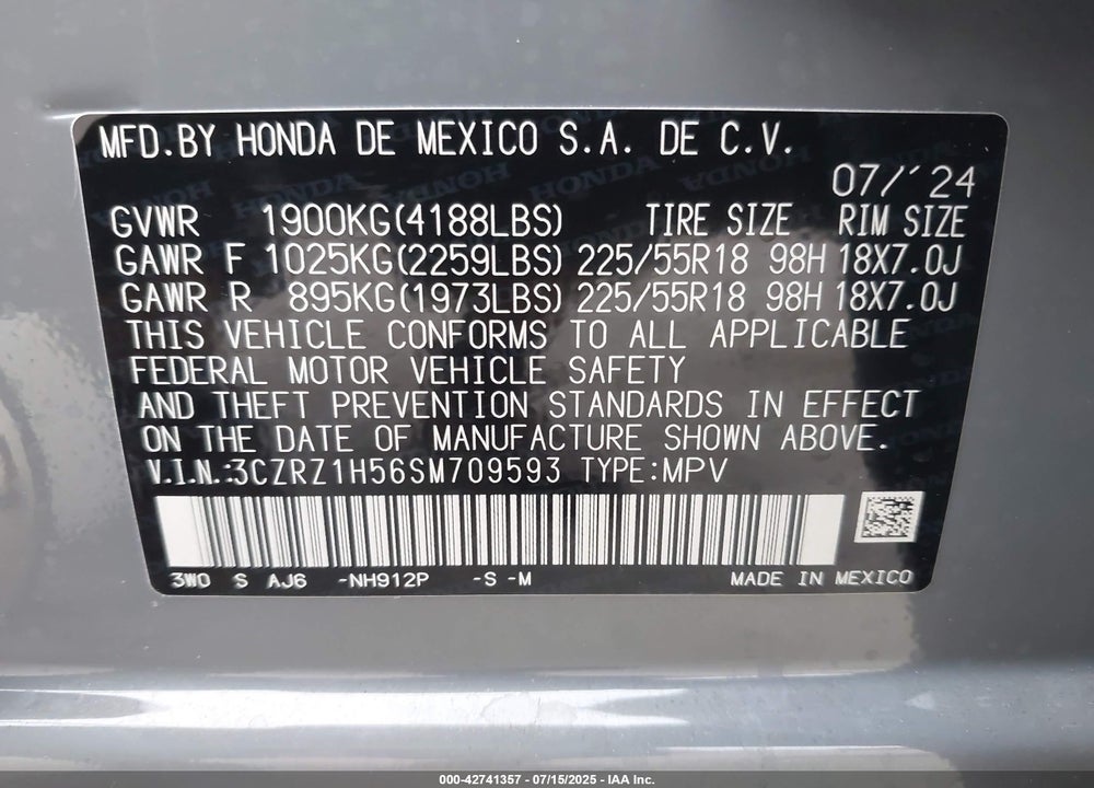 2025 HONDA HR-V VIN: 3CZRZ1H56SM709593