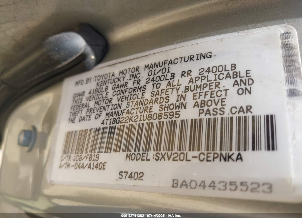 2001 TOYOTA CAMRY LE VIN: 4T1BG22K21U808595