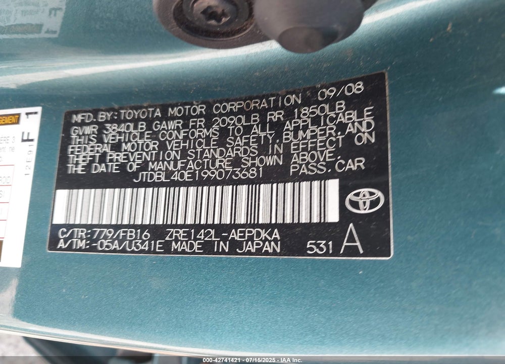 2009 TOYOTA COROLLA VIN: JTDBL40E199073681