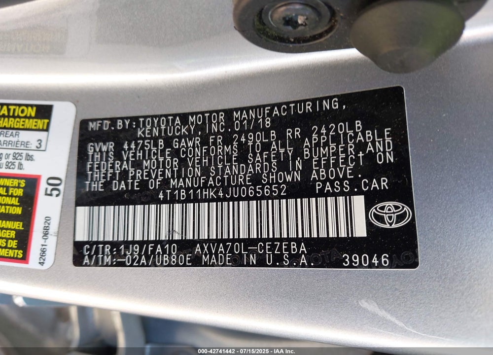2018 TOYOTA CAMRY L VIN: 4T1B11HK4JU065652