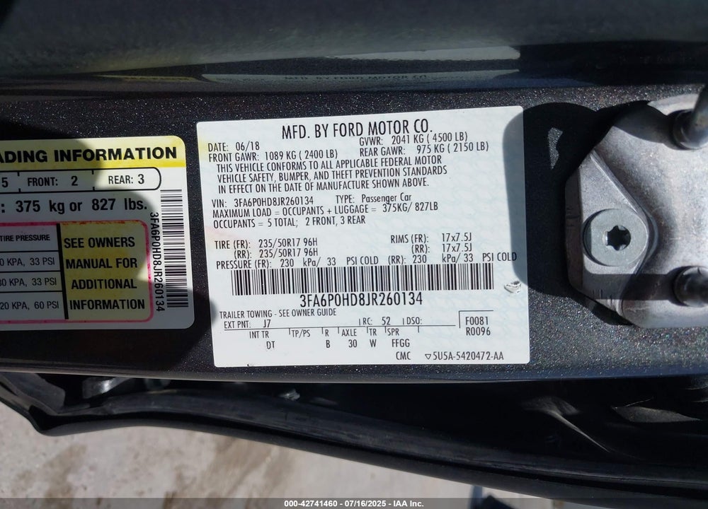 2018 FORD FUSION VIN: 3FA6P0HD8JR260134