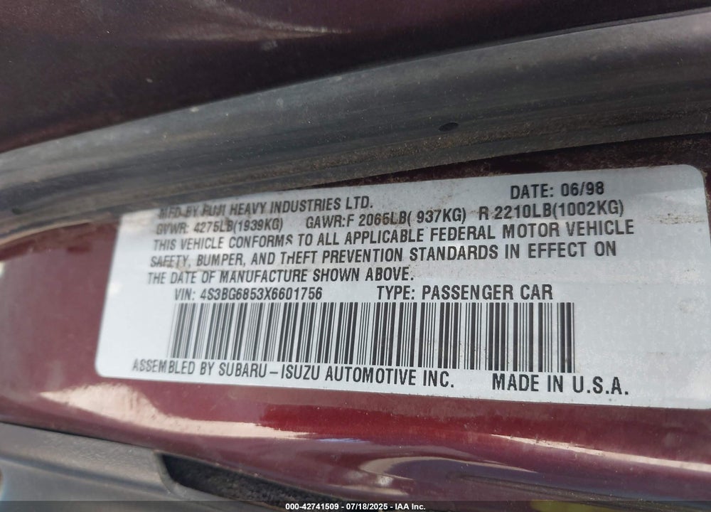 1999 SUBARU LEGACY 30TH ANN. OUTBACK LTD./OUTBACK VIN: 4S3BG6853X6601756