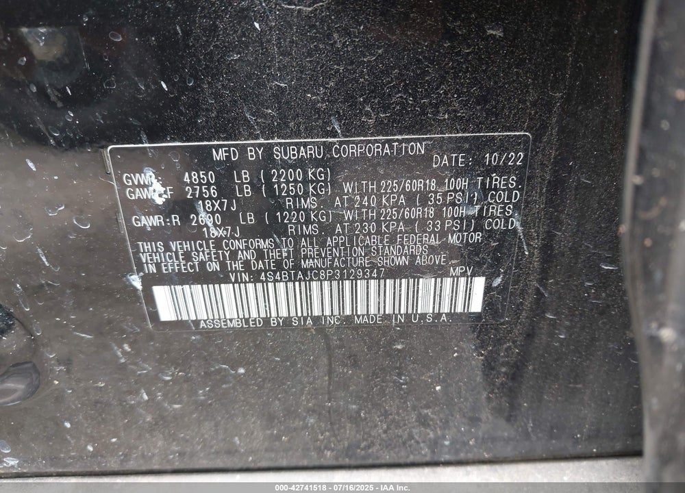 2023 SUBARU OUTBACK VIN: 4S4BTAJC8P3129347