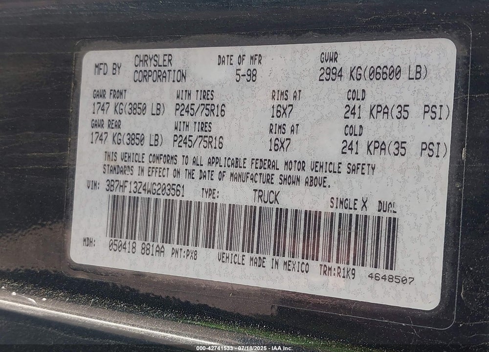 1998 DODGE RAM 1500 ST VIN: 3B7HF13Z4WG203561