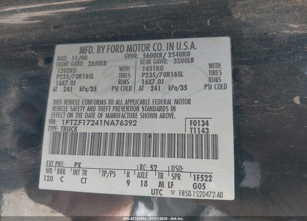 2001 FORD F-150 XL/XLT VIN: 1FTZF17241NA76392