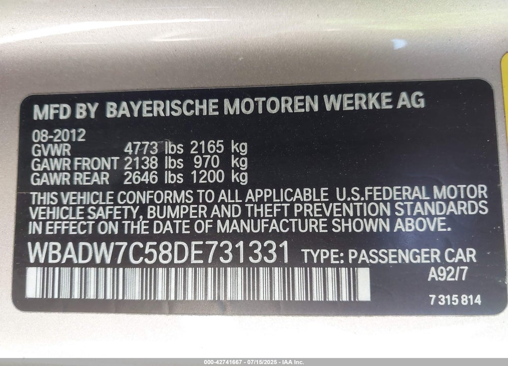 2013 BMW 3 SERIES VIN: WBADW7C58DE731331