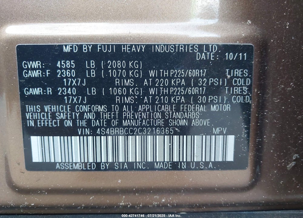 2012 SUBARU OUTBACK VIN: 4S4BRBCC2C3216365