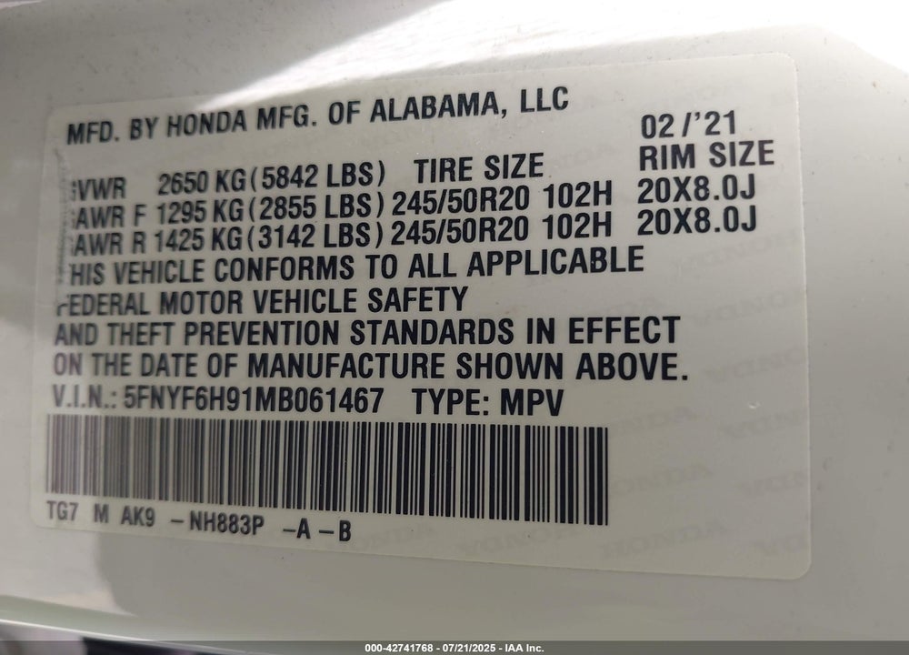 2021 HONDA PILOT VIN: 5FNYF6H91MB061467
