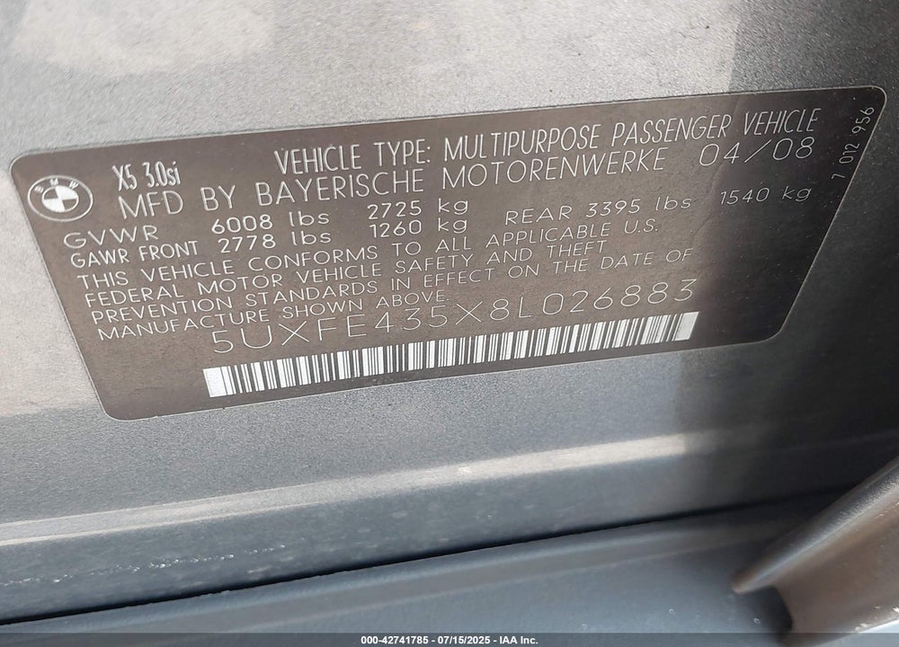 2008 BMW X5 VIN: 5UXFE435X8L026883