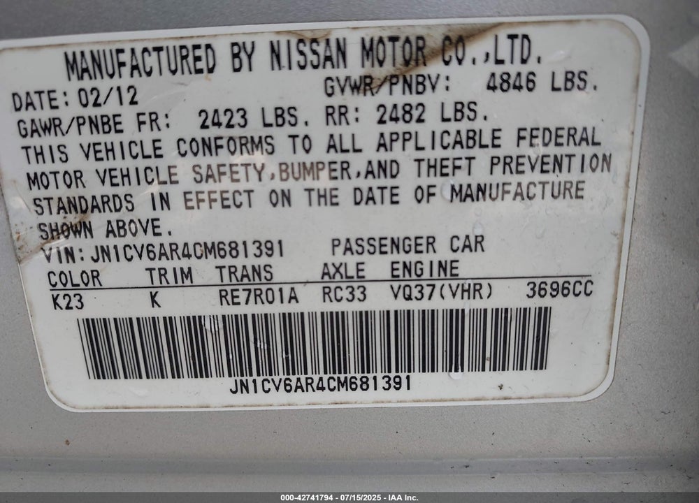 2012 INFINITI G37 VIN: JN1CV6AR4CM681391