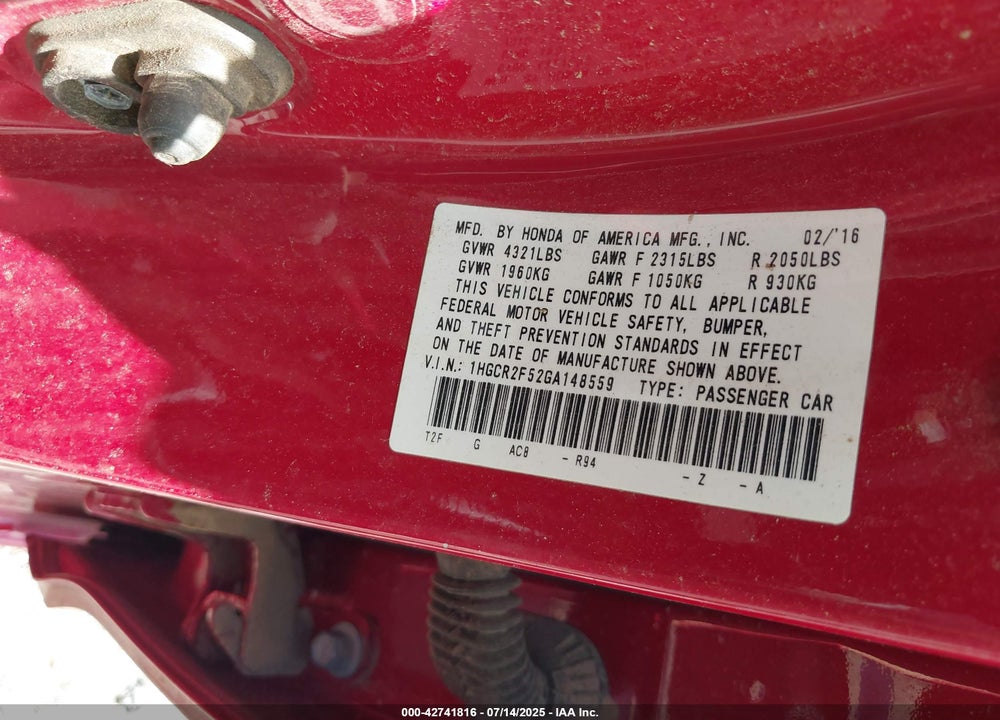 2016 HONDA ACCORD VIN: 1HGCR2F52GA148559