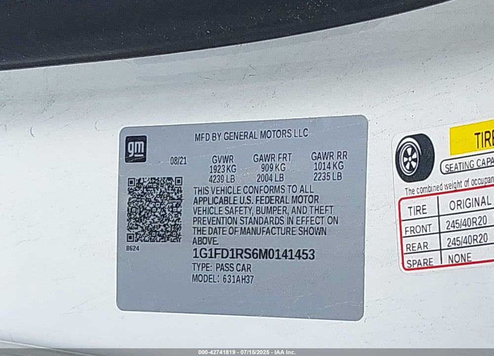 2021 CHEVROLET CAMARO VIN: 1G1FD1RS6M0141453