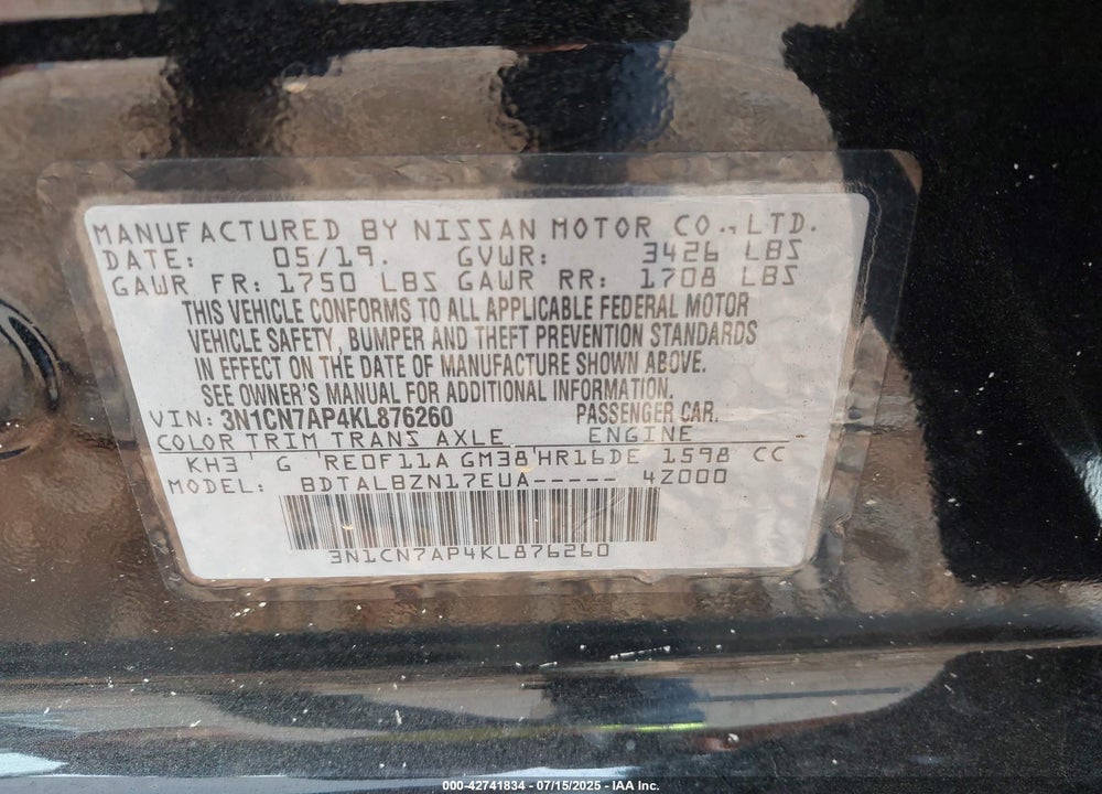 2019 NISSAN VERSA VIN: 3N1CN7AP4KL876260
