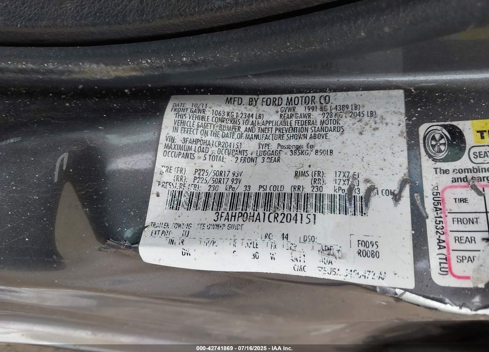 2012 FORD FUSION VIN: 3FAHP0HA1CR204151