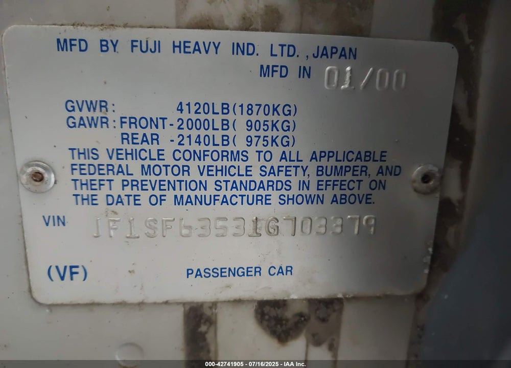 2001 SUBARU FORESTER L VIN: JF1SF63531G703379