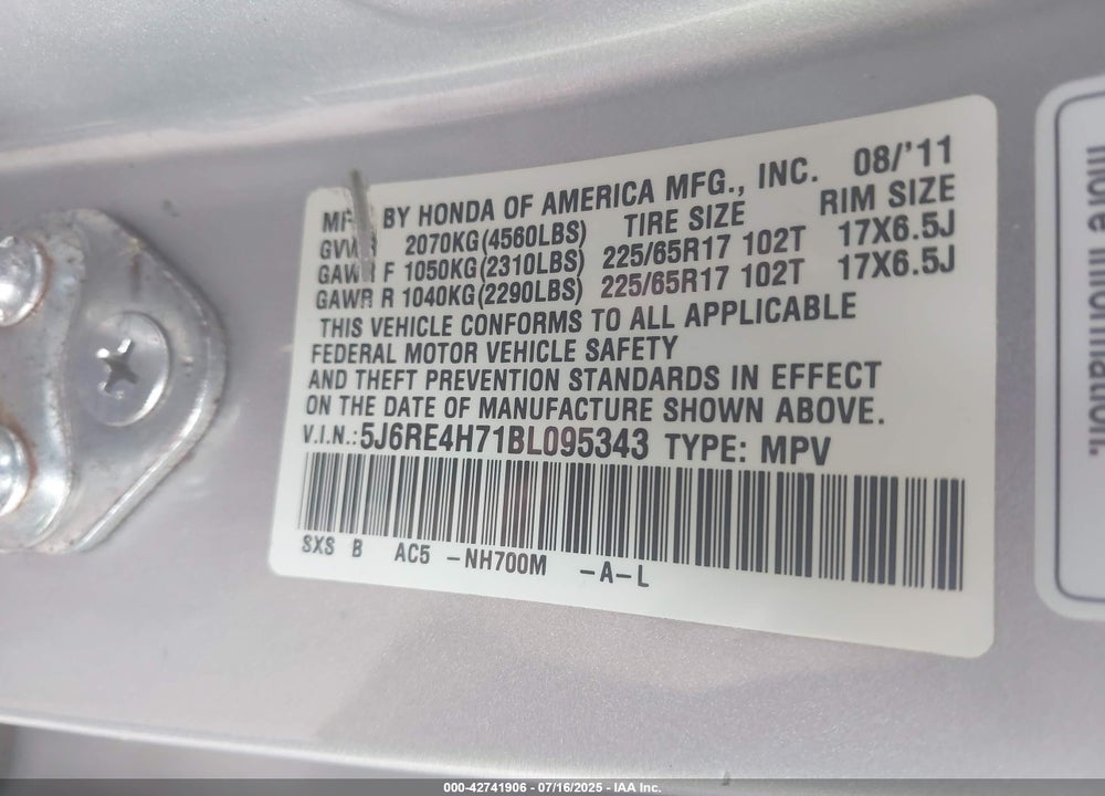 2011 HONDA CR-V VIN: 5J6RE4H71BL095343
