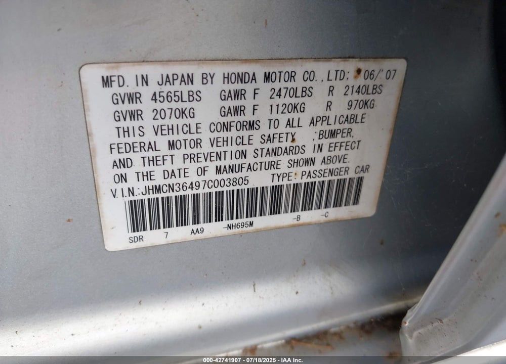 2007 HONDA ACCORD VIN: JHMCN36497C003805
