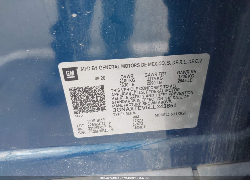 2020 CHEVROLET EQUINOX AWD 2FL VIN: 3GNAXTEV5LL343651