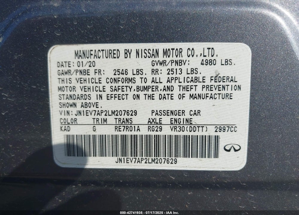 2020 INFINITI Q50 LUXE VIN: JN1EV7AP2LM207629