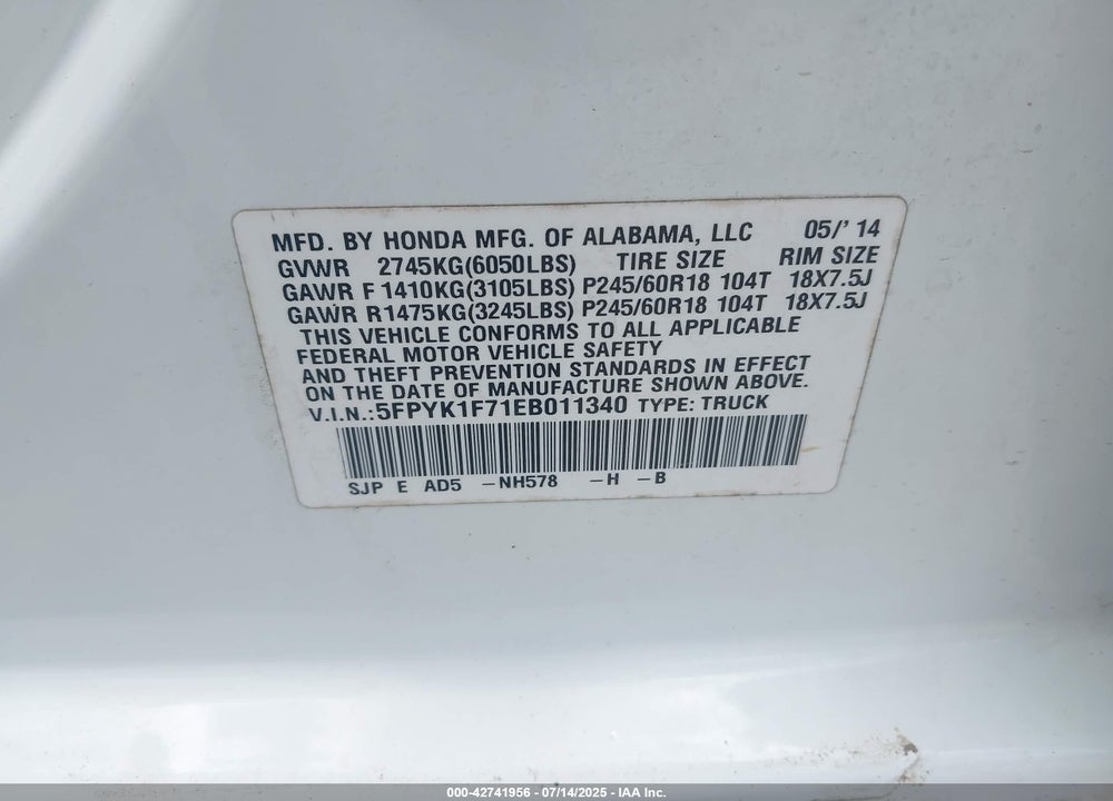 2014 HONDA RIDGELINE VIN: 5FPYK1F71EB011340