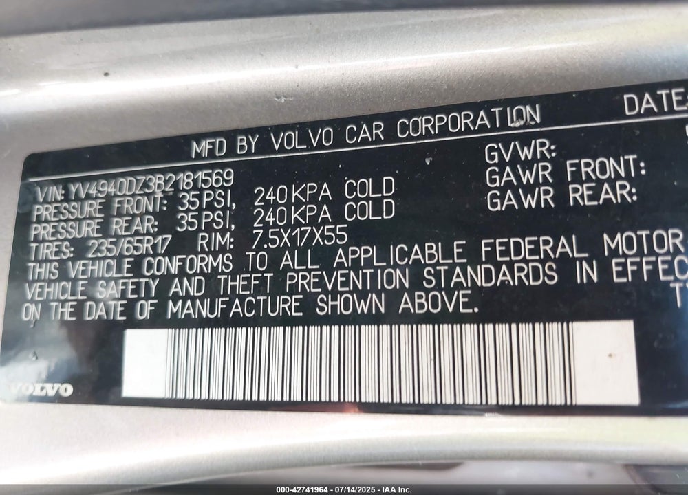 2011 VOLVO XC60 VIN: YV4940DZ3B2181569